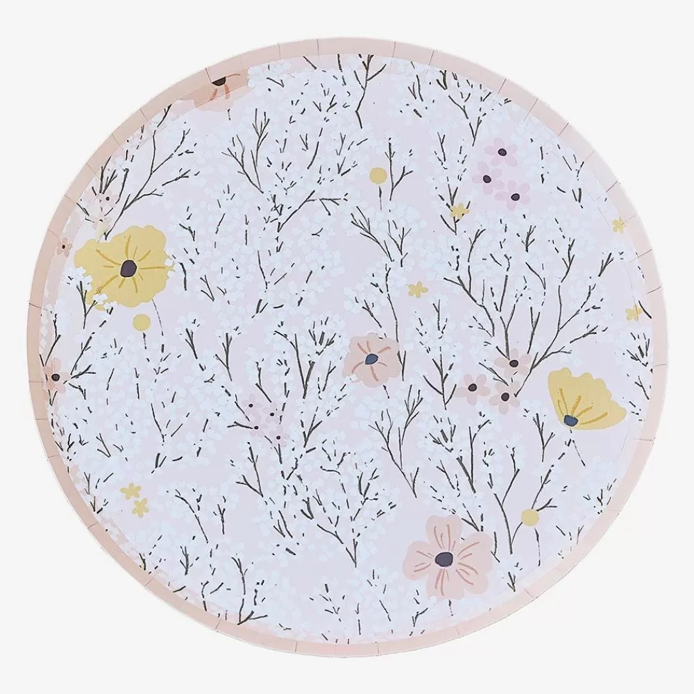 Clearance Assiette En Carton : 8 Assiettes Roses Fleurs Blanches Plates