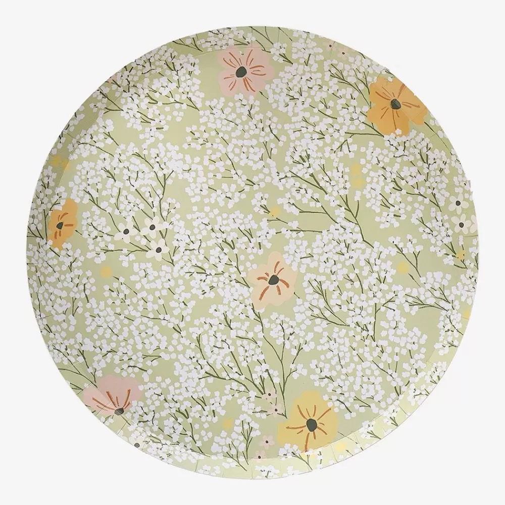 Sale Assiette En Carton : 8 Assiettes Vertes Fleurs Blanches Plates