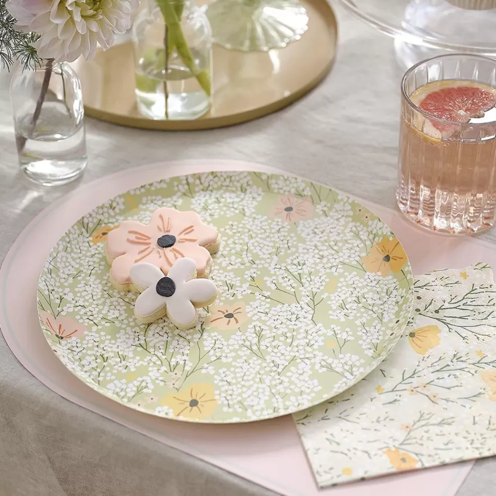 Sale Assiette En Carton : 8 Assiettes Vertes Fleurs Blanches Plates